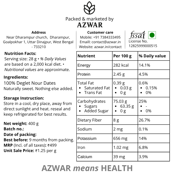 Azwar Deglet Nour Dates – 100% Natural, No Added Sugar (400g)